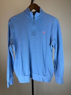 Ralph Lauren Sky Blue Half-Zip Sweater with Pink Polo Logo & Side Pockets | M